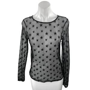 Zara Black Mesh Star Print Long Sleeve Sheer See Trough Cover Up Shirt Top Sz M
